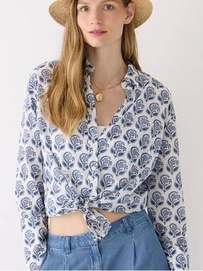 J. CREW Garçon Cotton Voile Shirt in Bouquet Block Print Blue Floral Size 6